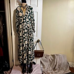 Zara Women’s Green Paisley Festival Boho Pleated Artsy Midi Dress XS